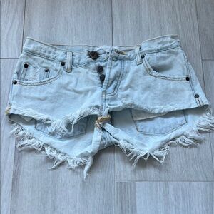 One Teaspoon Faded Blue Frayed Jean Shorts